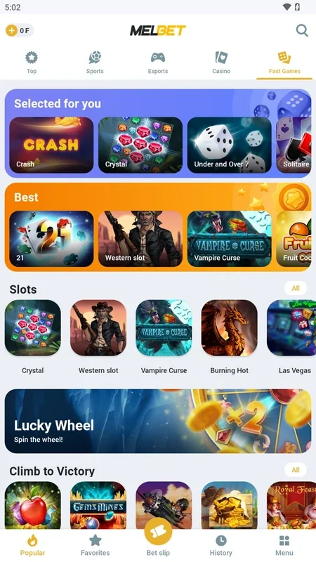 MelBet app home screen screenshot