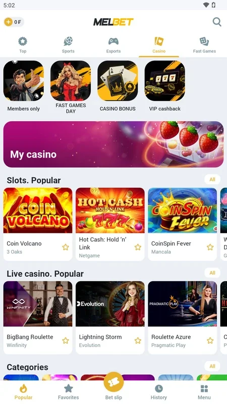 MelBet app casino lobby screenshot