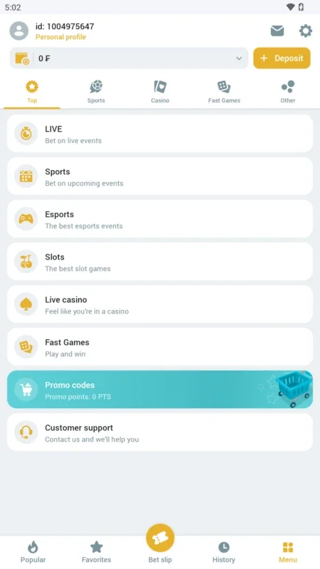 MelBet app account area screenshot